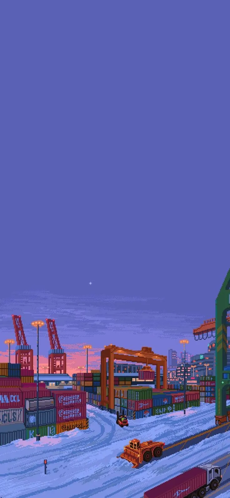 a train traveling through a snow covered city next to lots of tall buildings and cargo containers