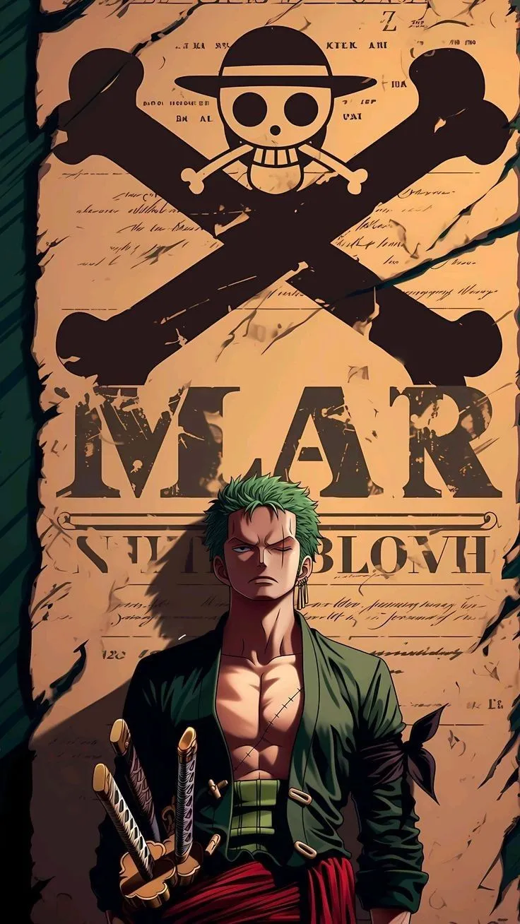 a man with green hair standing in front of a pirate sign and holding two swords