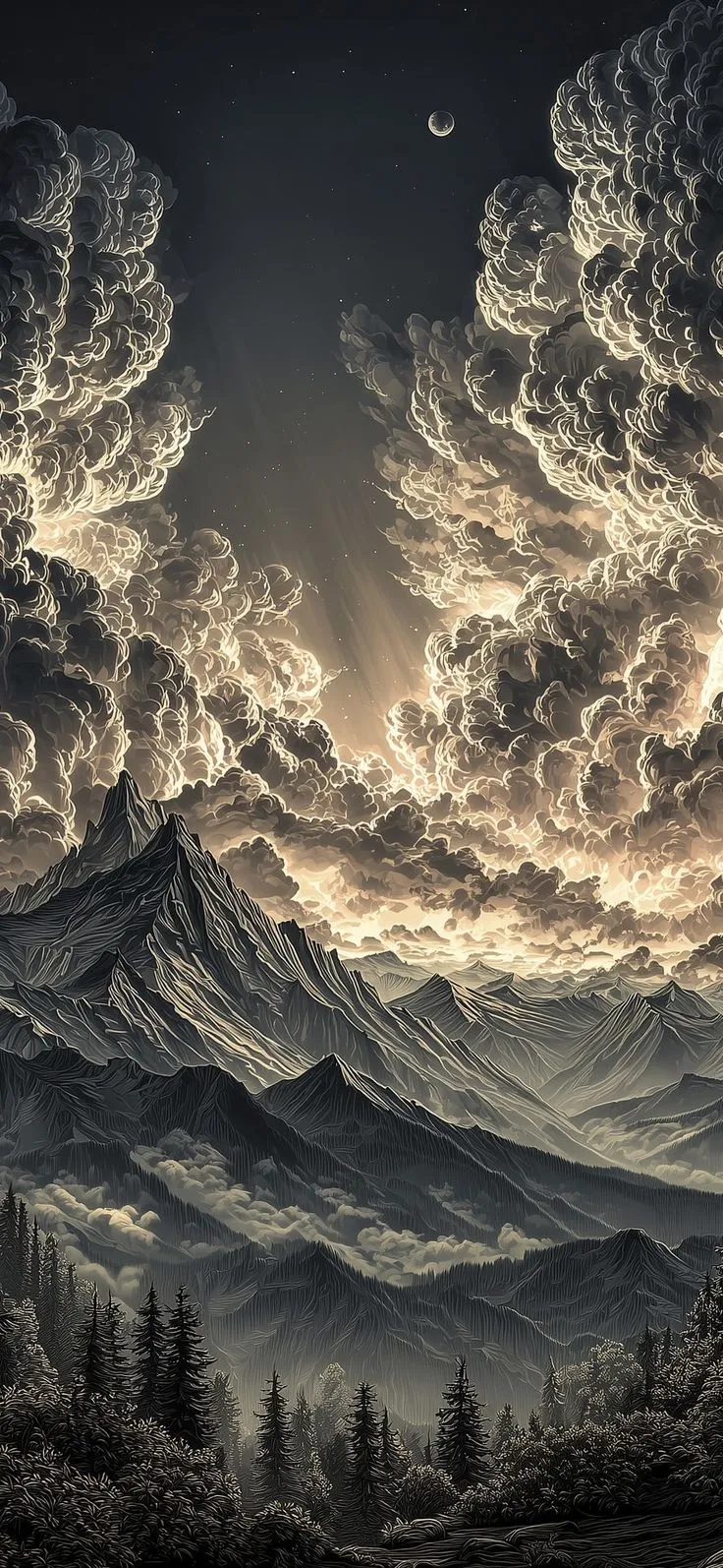 an artistic painting of mountains and clouds in the night sky