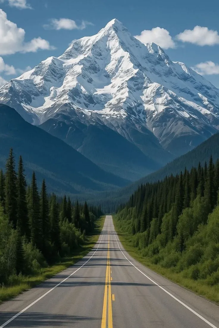 an empty road with mountains in the background and trees on both sides, surrounded by evergreens