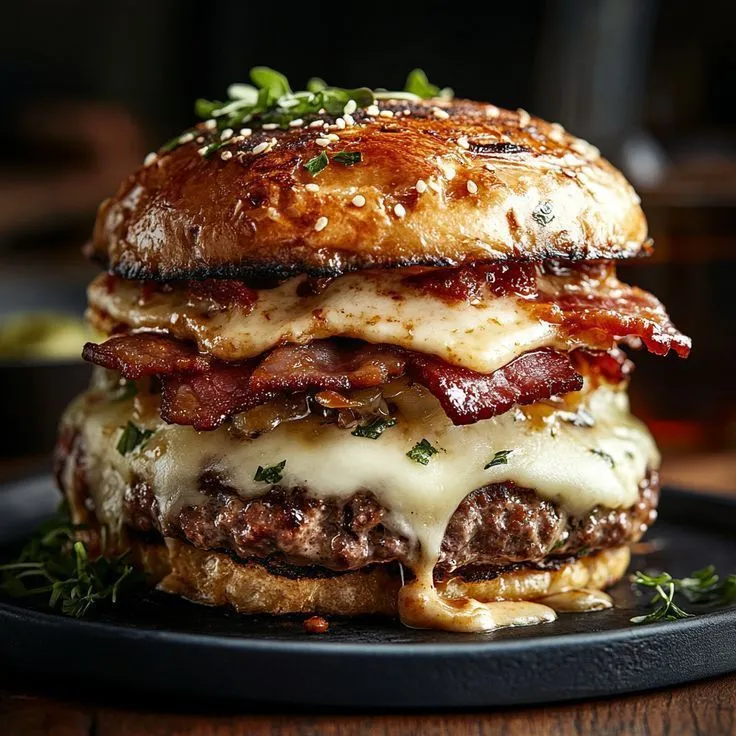 a cheeseburger with meat and sauce on a black plate