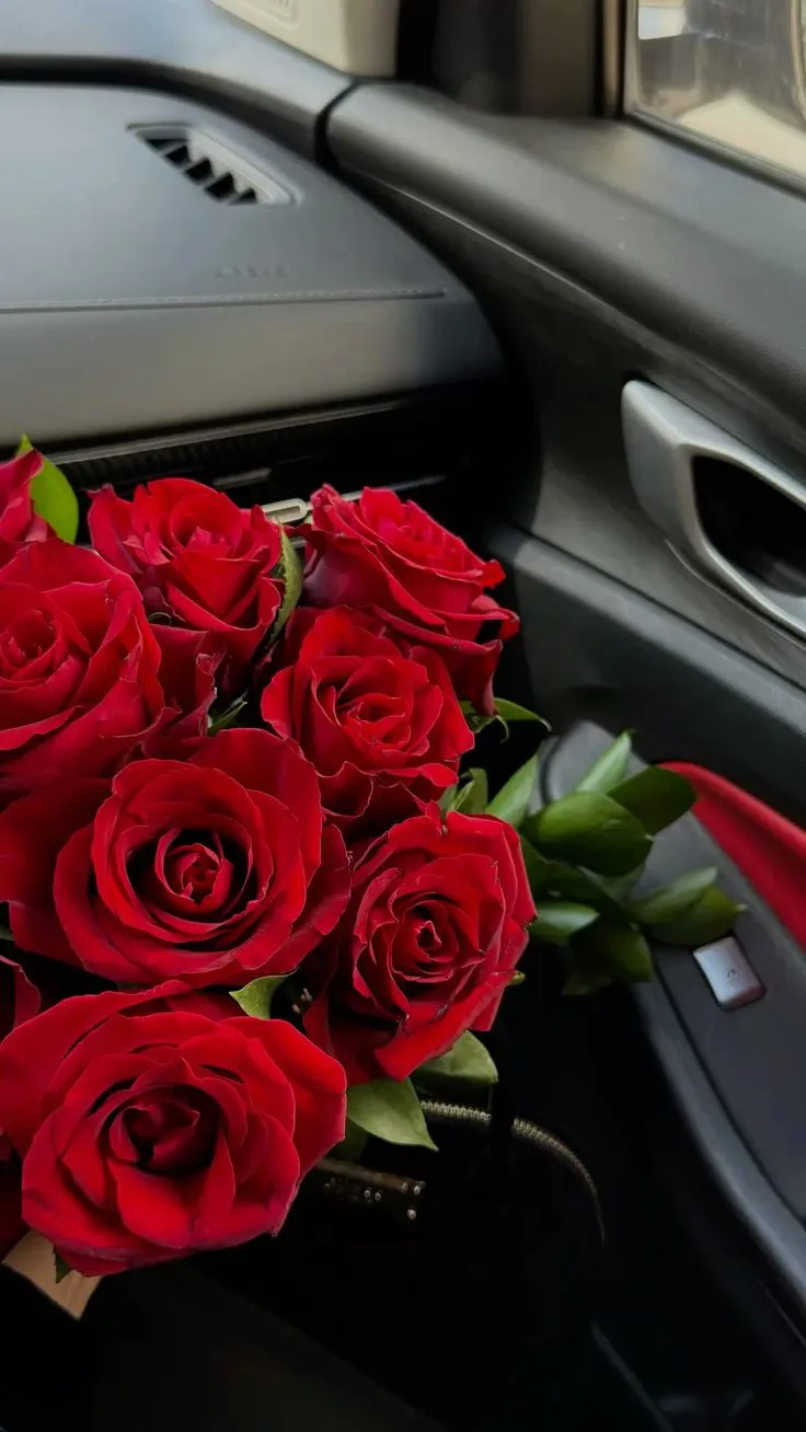 a bouquet of red roses sitting in the center console of a car