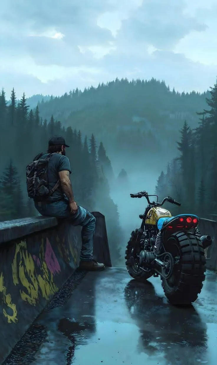 a man sitting on top of a bridge next to a parked motorbike in the rain