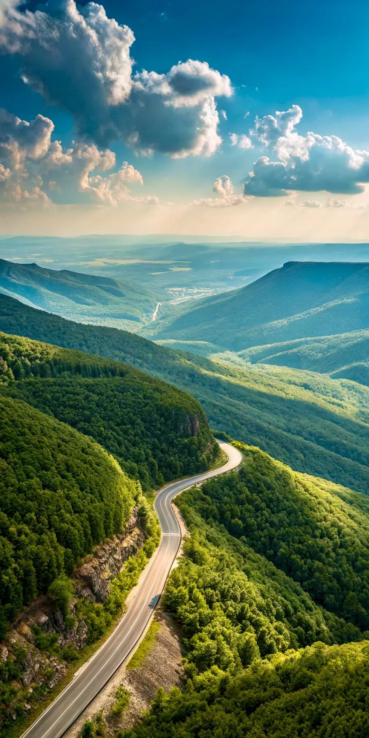 an aerial view of a winding road in the middle of green hills and valleys under a blue sky with white clouds