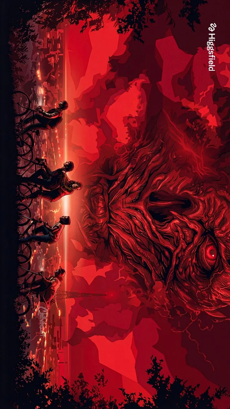 an image of a red and black poster with trees in the foreground, on a dark background