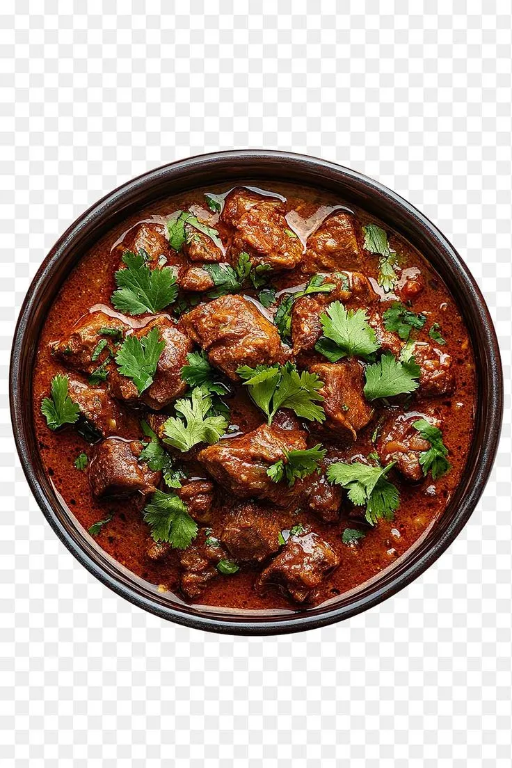 A clean plate of spicy mutton curry garnished with fresh coriander leaves served in a ceramic bowl w