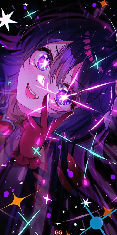 an anime character with stars and sparkles in the air, looking at her cell phone