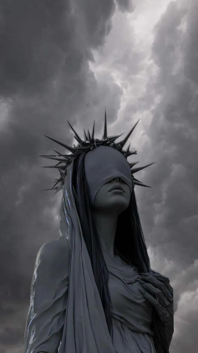 the statue of liberty is surrounded by dark clouds