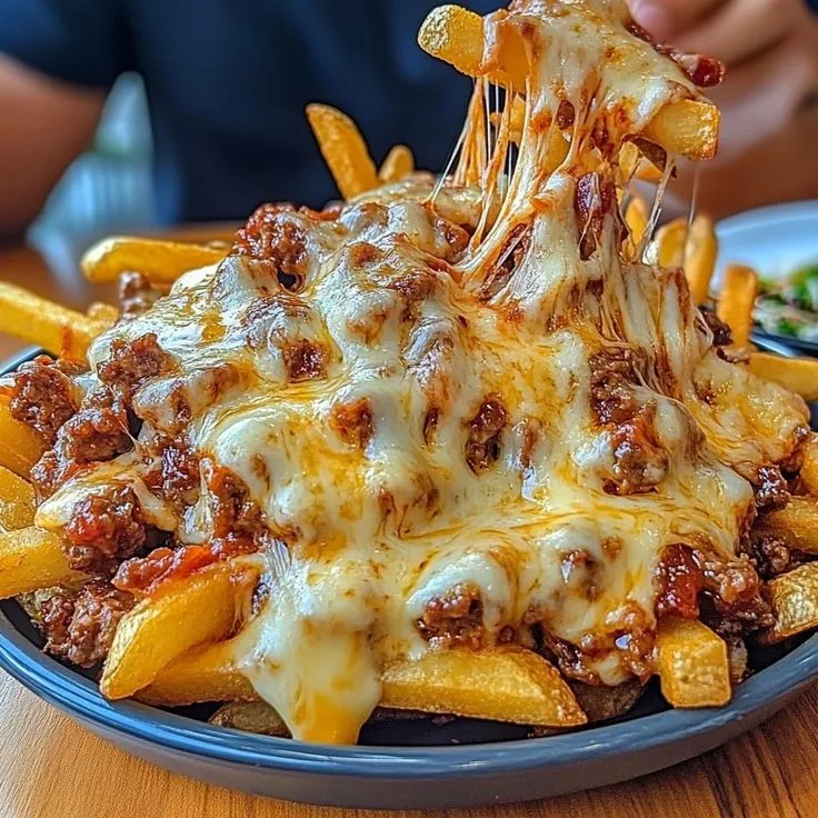Cheesy Loaded Fries with Beef and Mozzarella 🍟🧀Ingredients Recap:1 bag crispy French fries: Your base, crunchy and golden.1 lb ground beef: Adds a hearty, savory layer.1 cup mozzarella cheese: Melty goodness that ties it all together.1/2 onion &amp; 2 gar