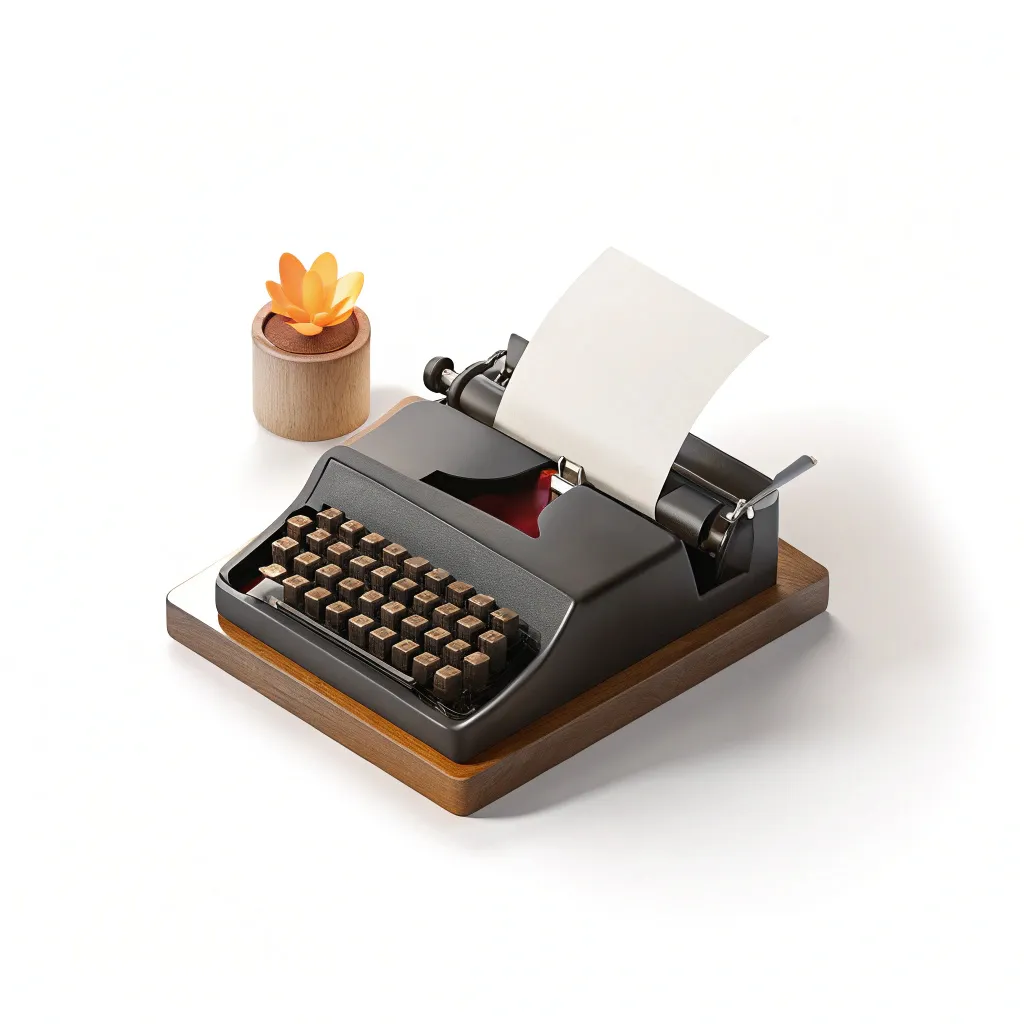 A 3D illustration of a vintage typewriter on a wooden...