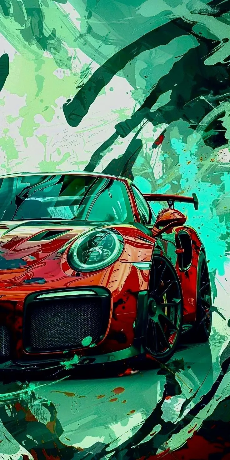 a painting of a red sports car on a green background