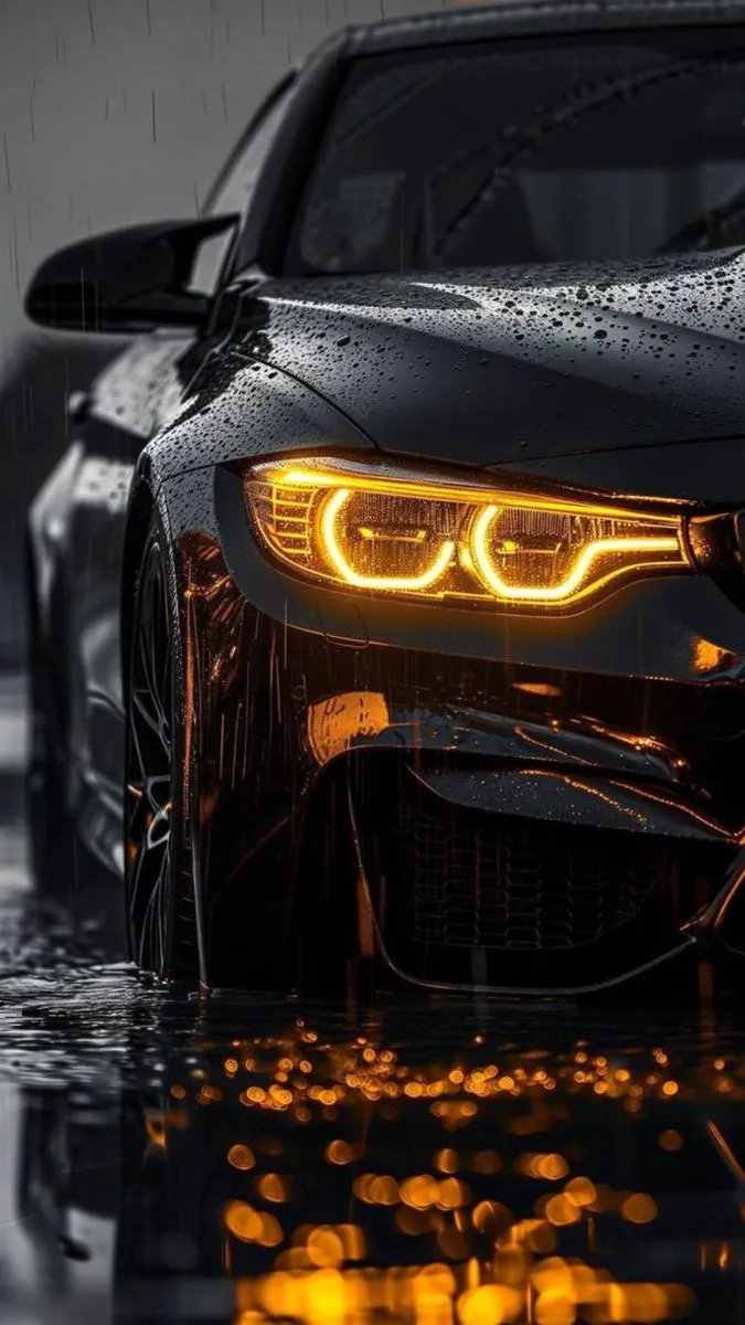 the front end of a black sports car with its lights turned on in the rain