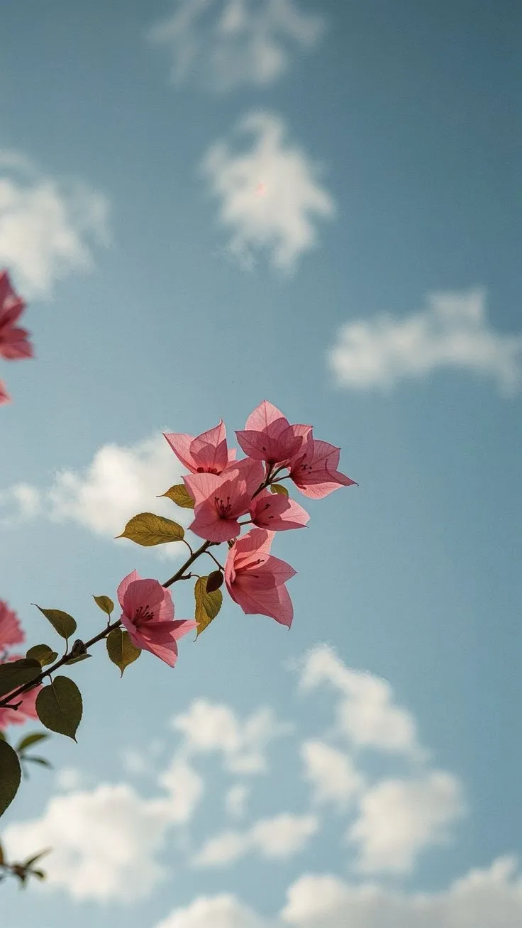 pink flowers are blooming on a branch against a blue sky with clouds in the background