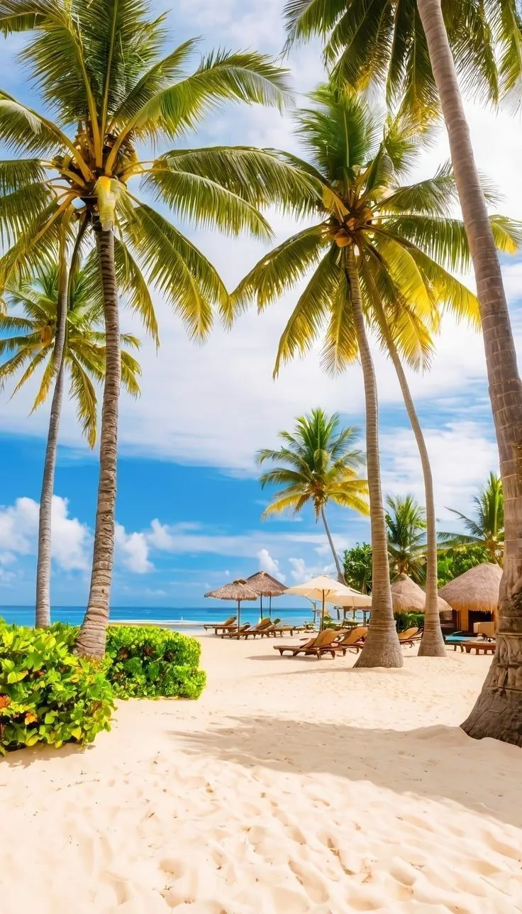 palm trees line the beach with chairs and umbrellas