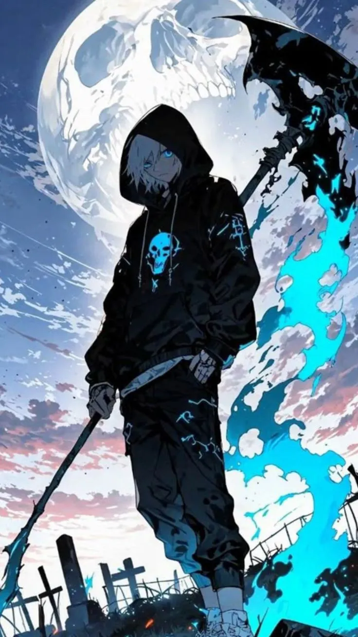 a man holding an umbrella standing in front of a full moon with blue flames coming out of it