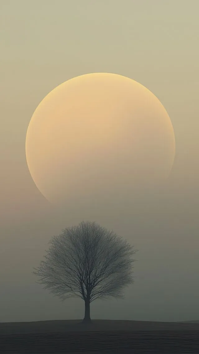 a lone tree stands in front of the setting sun on a foggy, hazy day