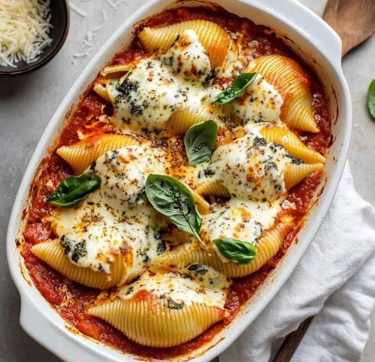 a white casserole dish filled with pasta and spinach on top of a table
