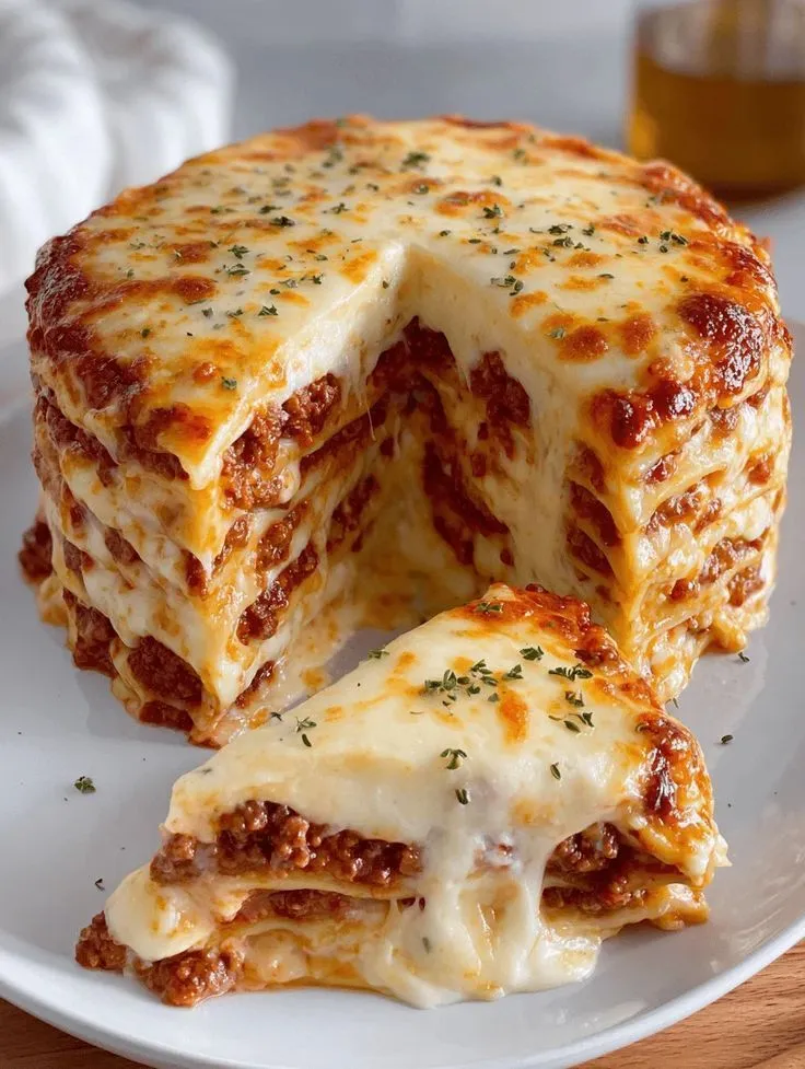 a stack of lasagna stacked on top of each other with one slice cut out
