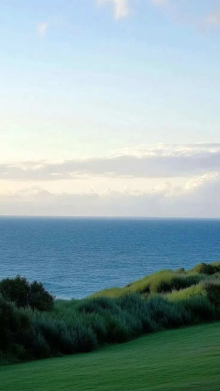 an open field with water in the background