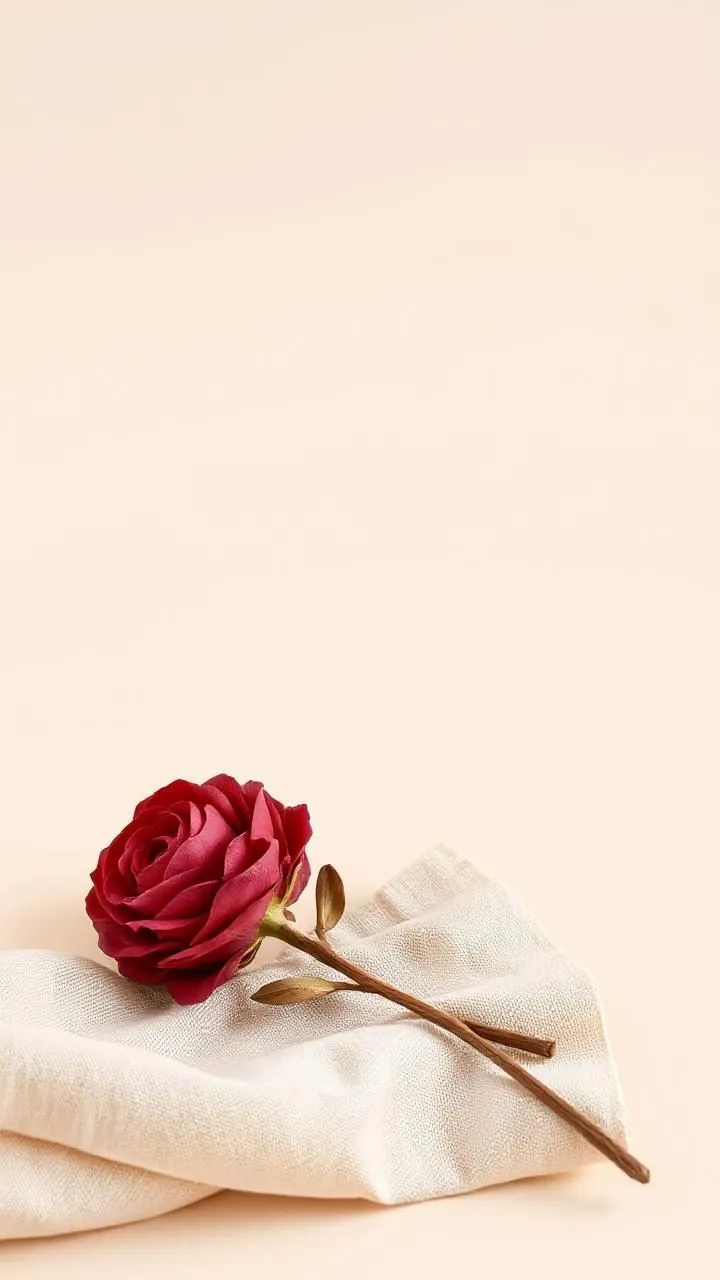 a single red rose sitting on top of a white cloth with a twig sticking out of it