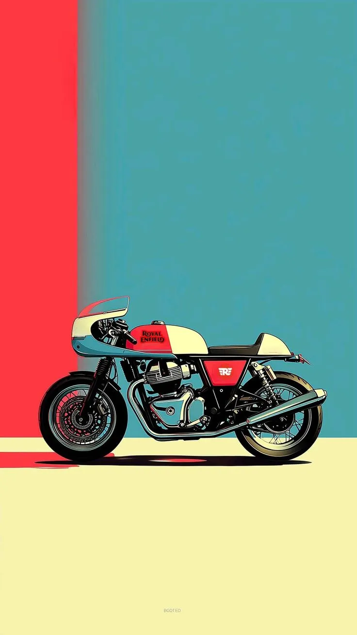 a red and white motorcycle is parked in front of a blue, pink, and yellow wall