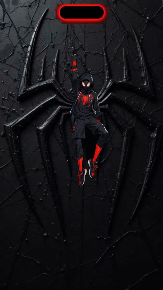 a spider man hanging on to the side of a black wall with red lights above it