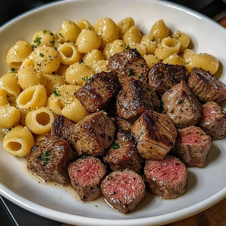 a white plate topped with pasta and meat next to macaroni and cheese on a wooden table