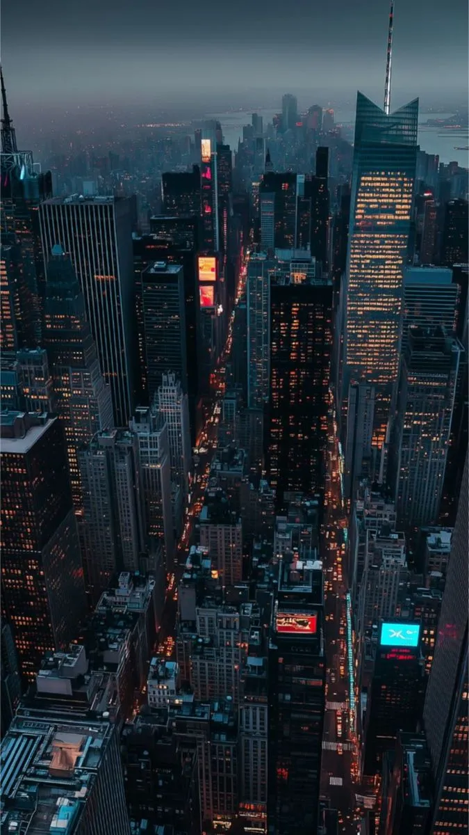 an aerial view of the city at night with skyscrapers and street lights lit up