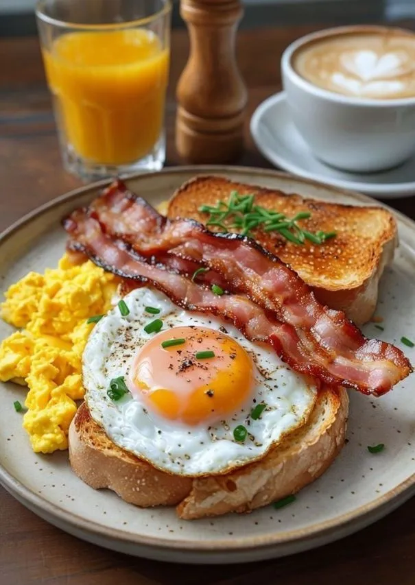 a plate with eggs, toast and bacon on it