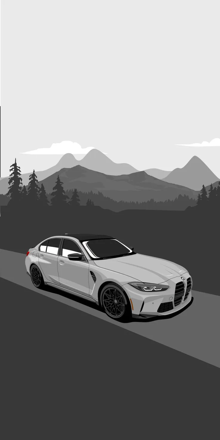 a white car parked on the side of a road in front of some trees and mountains