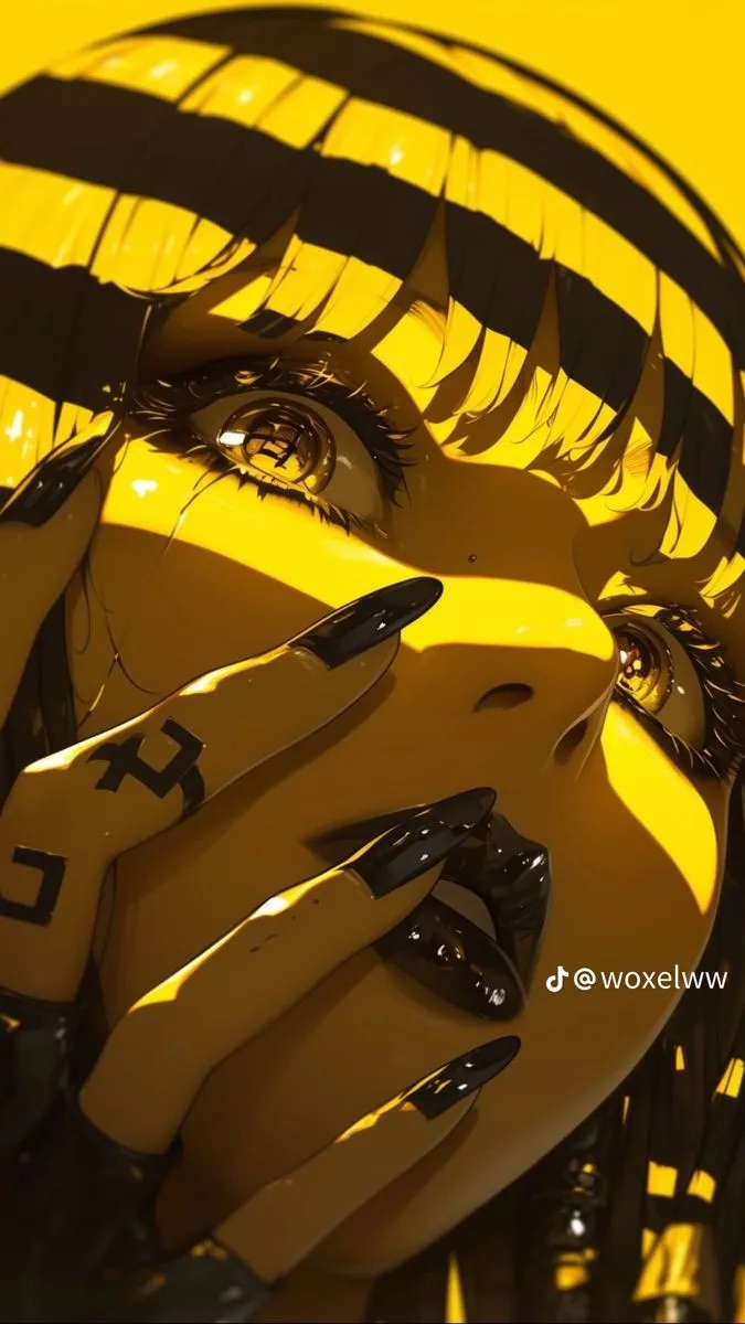 a woman's face is made up of yellow and black strips, with her eyes wide open