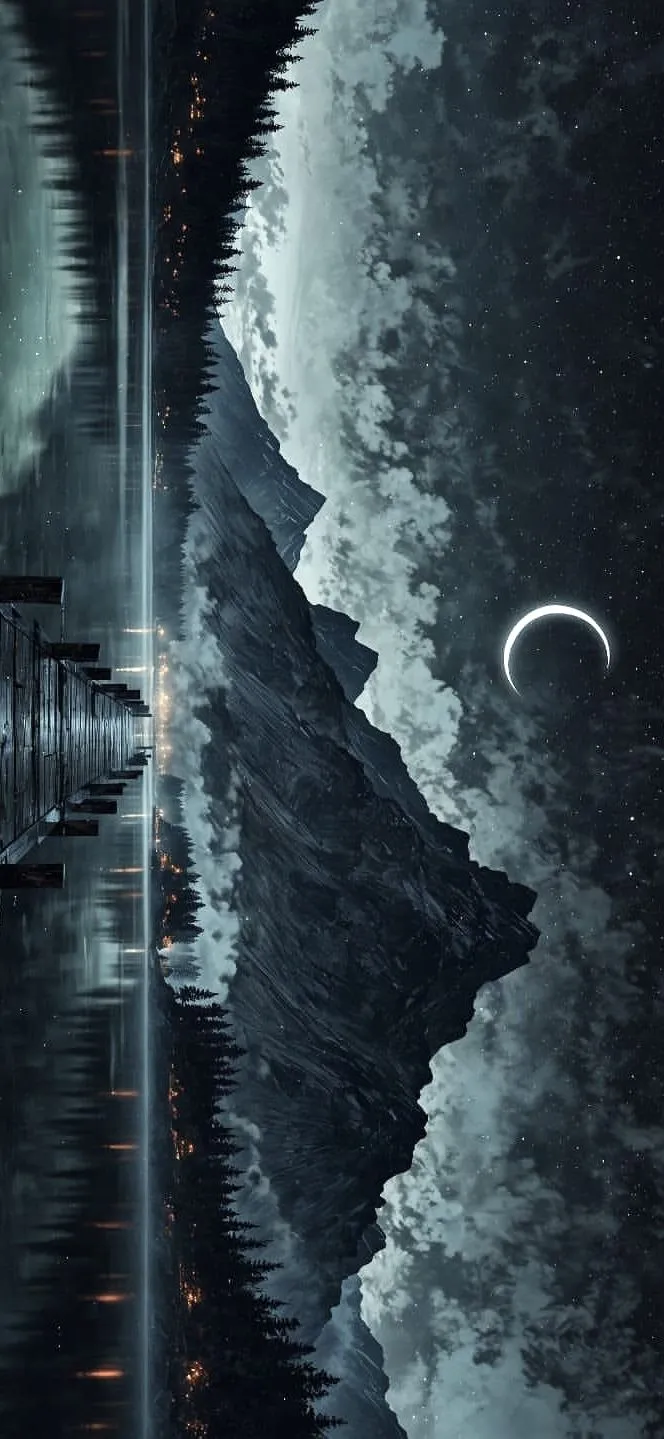 an image of the sky and clouds reflected in water with a crescent above it at night