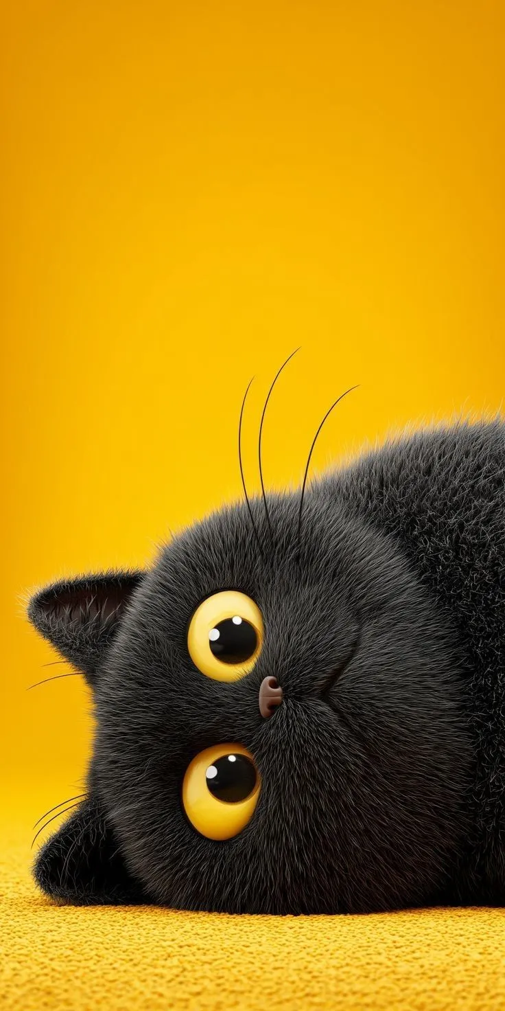 a black cat with yellow eyes laying on its back and looking up at the camera