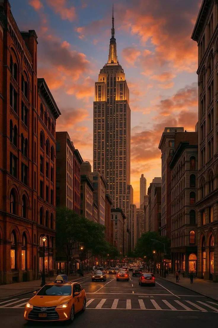 a city street with tall buildings at sunset