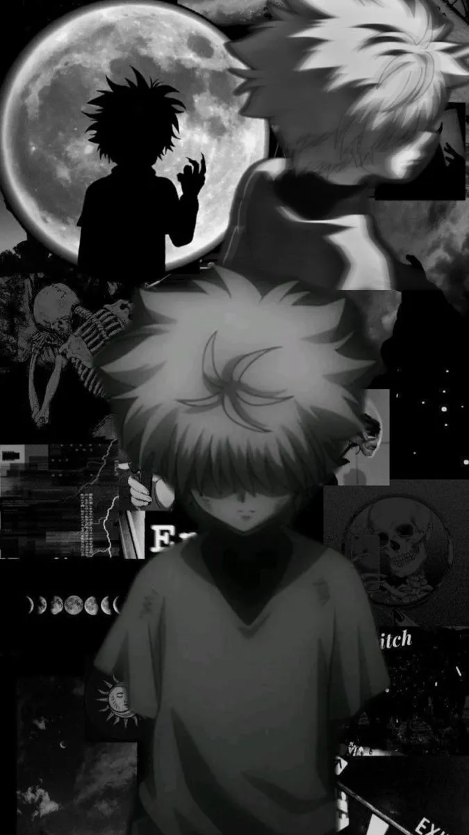 black and white photo of anime characters with moon in background