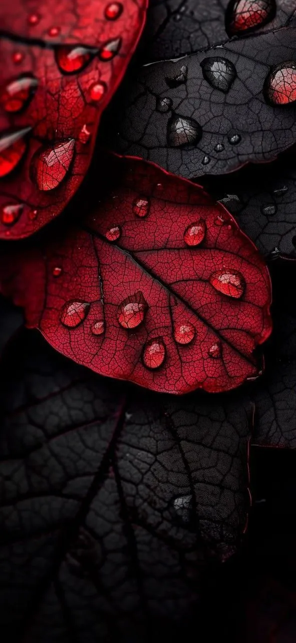red and black leaves with water droplets on them