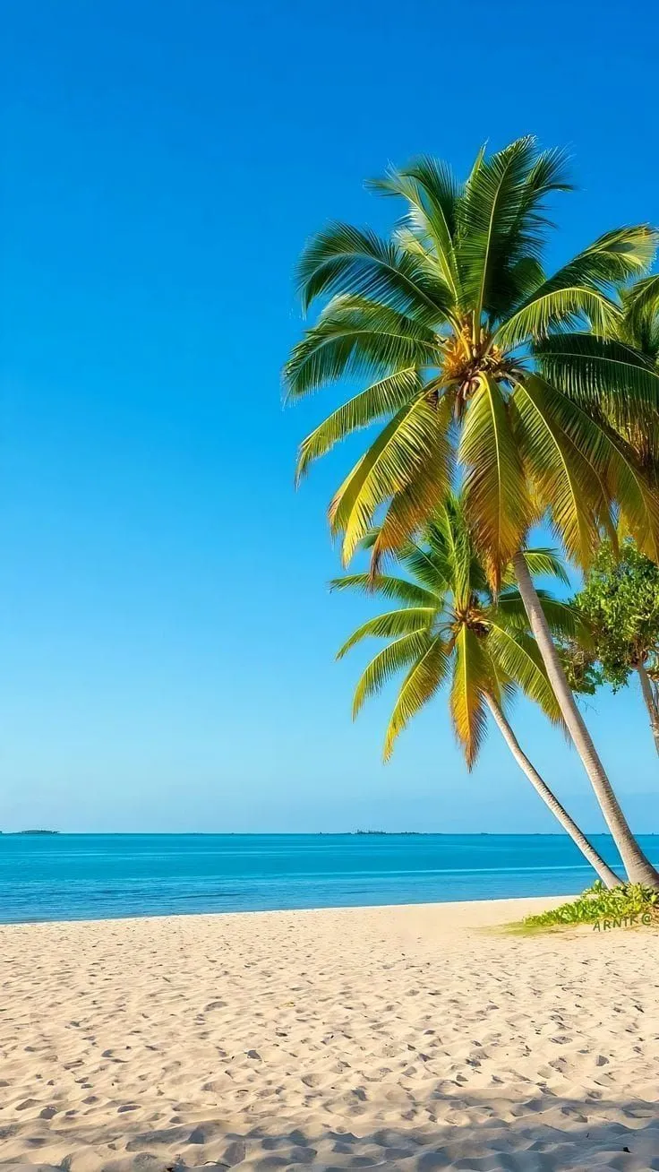 two palm trees on the beach with blue water in the background