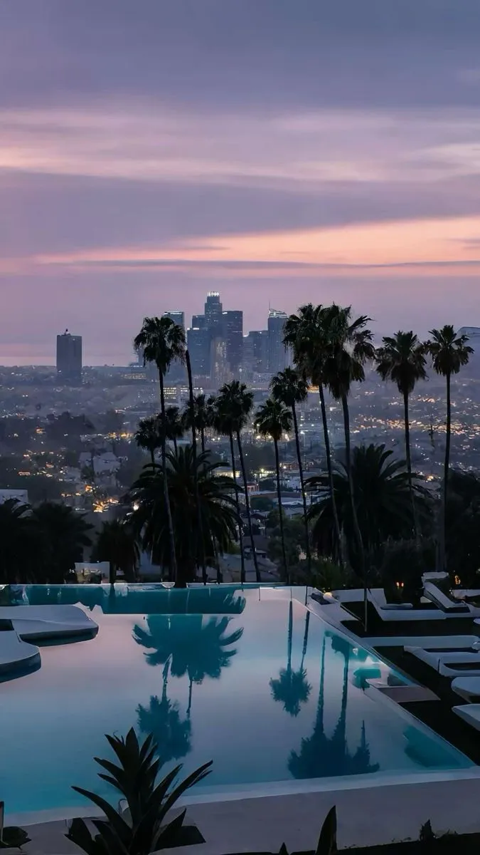 an empty swimming pool with palm trees in the foreground and city lights in the background