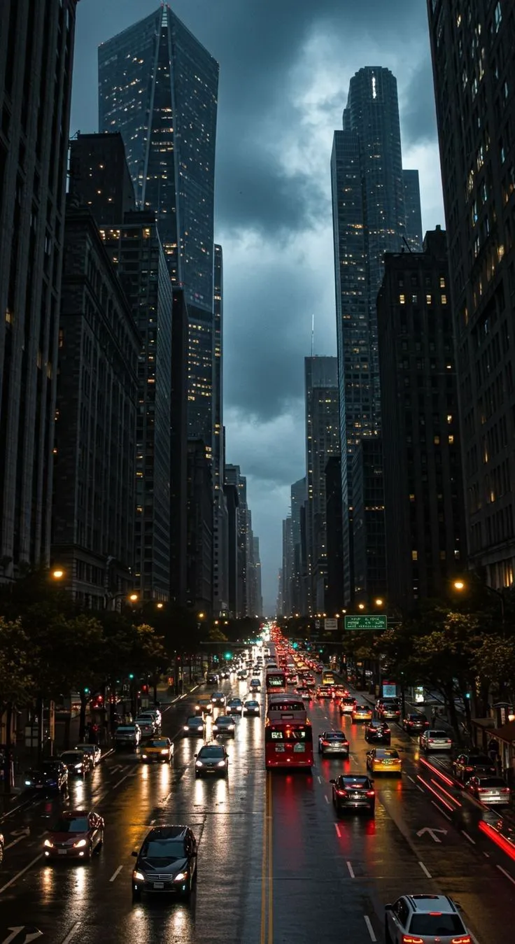 a city street filled with lots of traffic under tall buildings in the dark night sky