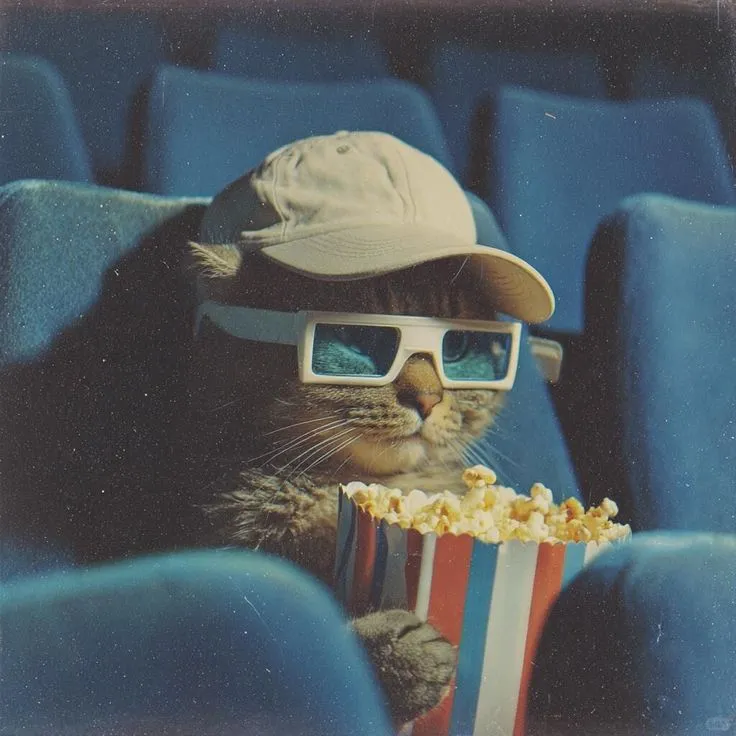 a cat wearing 3d glasses while sitting in a movie theater with popcorn and hat on
