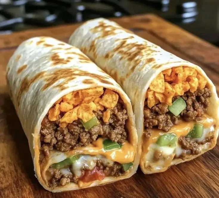 two burritos on a cutting board with cheese and other toppings in them