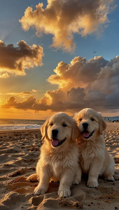 two golden retriever puppies sitting on the beach at sunset with clouds in the background