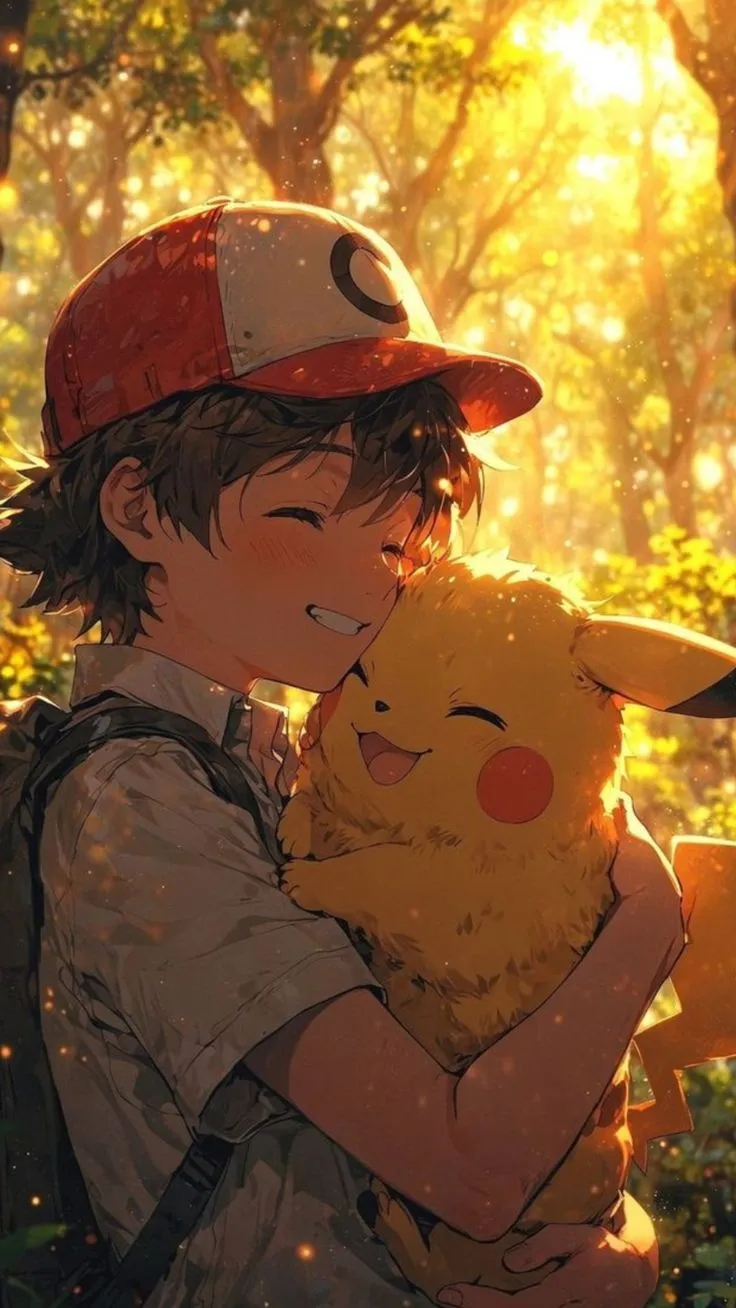 a boy holding a pokemon pikachu in the forest with sunlight shining through trees