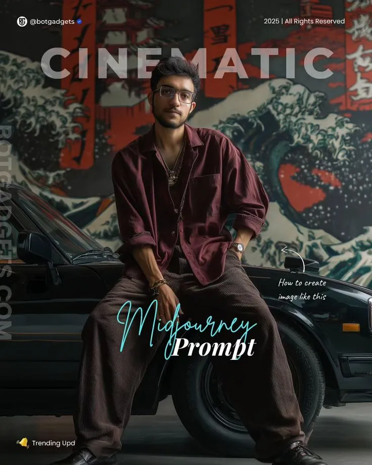 🎬 JAPANESE FUSION CINEMATIC MidJourney Prompts What happens when modern fashion meets traditional Japanese art?These prompts create cinematic 8K portraits blending vintage cars, bold ukiyo-e murals, and moody editorial lighting. Comment "Prompt"