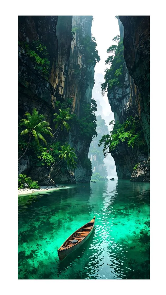 a boat floating in the middle of a river surrounded by mountains and greenery on both sides