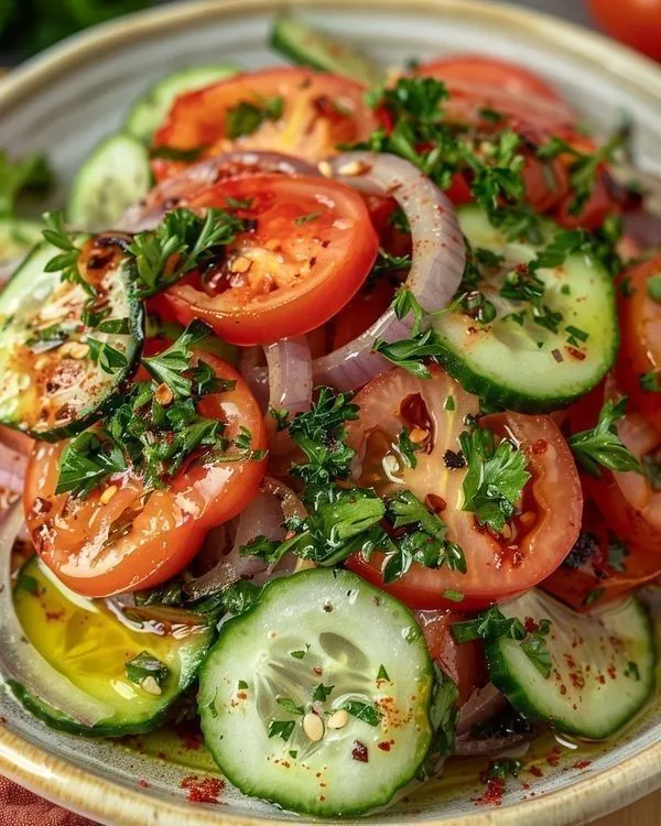 a salad with tomatoes, cucumbers and onions in a bowl on a table