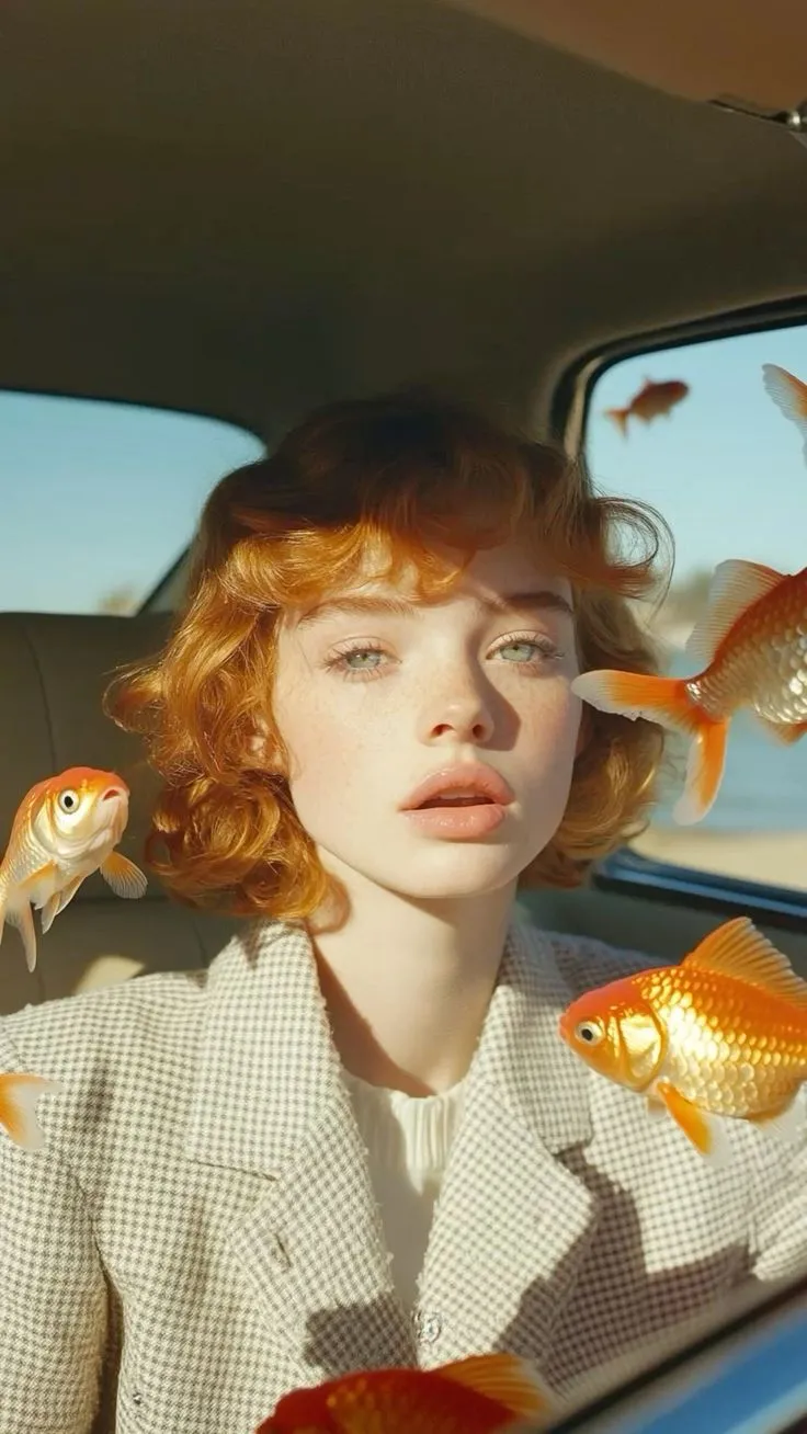 a woman sitting in a car with goldfish on her head and another fish behind her