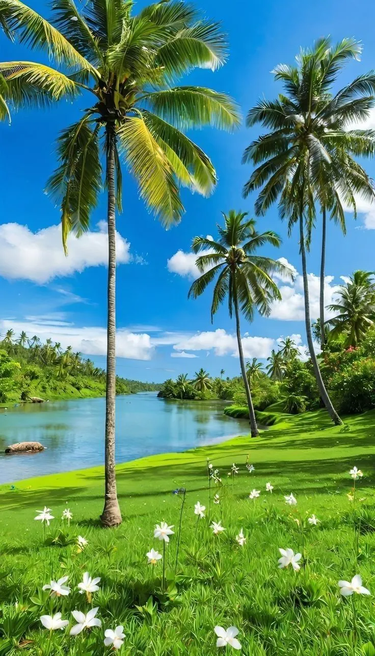 palm trees and flowers are in the grass by the water on a sunny day with blue sky