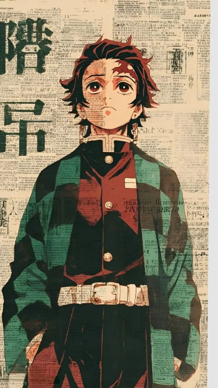 an anime character is standing in front of a newspaper page with words written on it