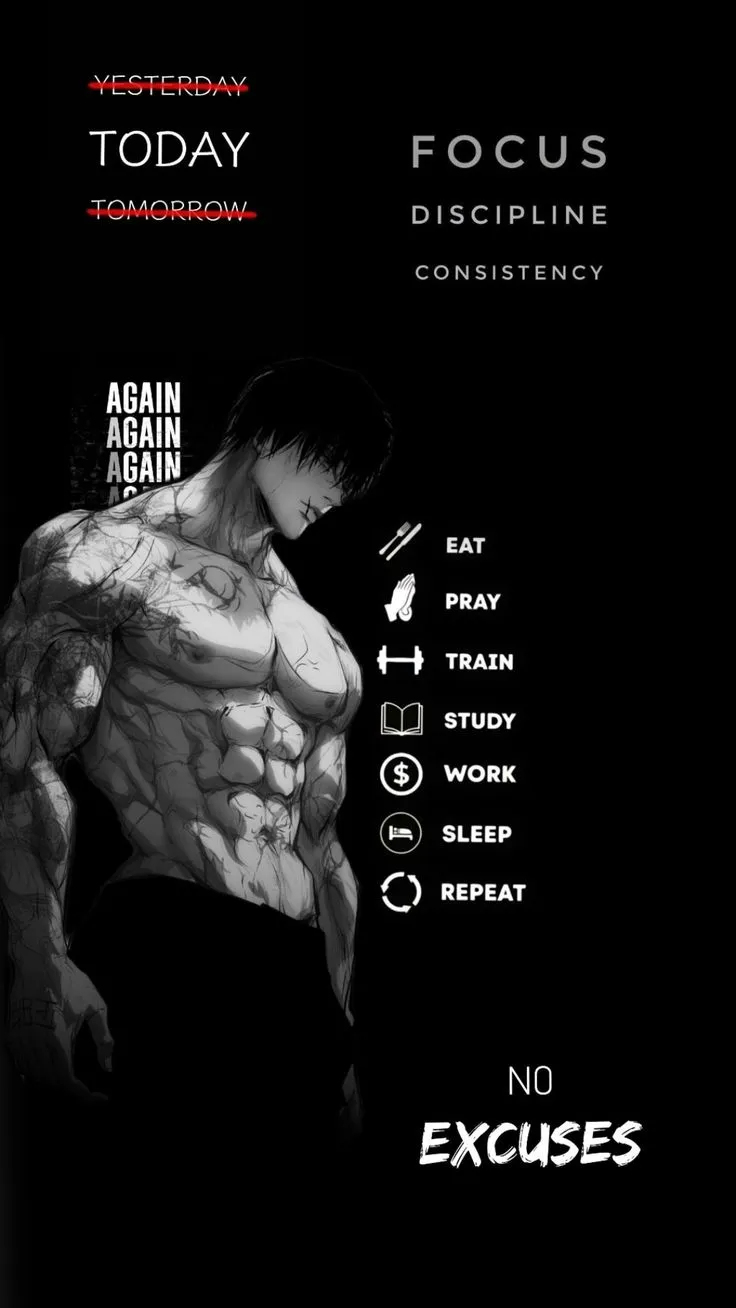 an image of a man with muscles on his chest and the words focus are in white